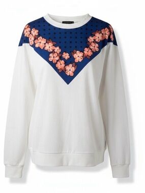 Scotch & Soda White Crewneck with Blue Polka Dot Yoke and Orange Tag